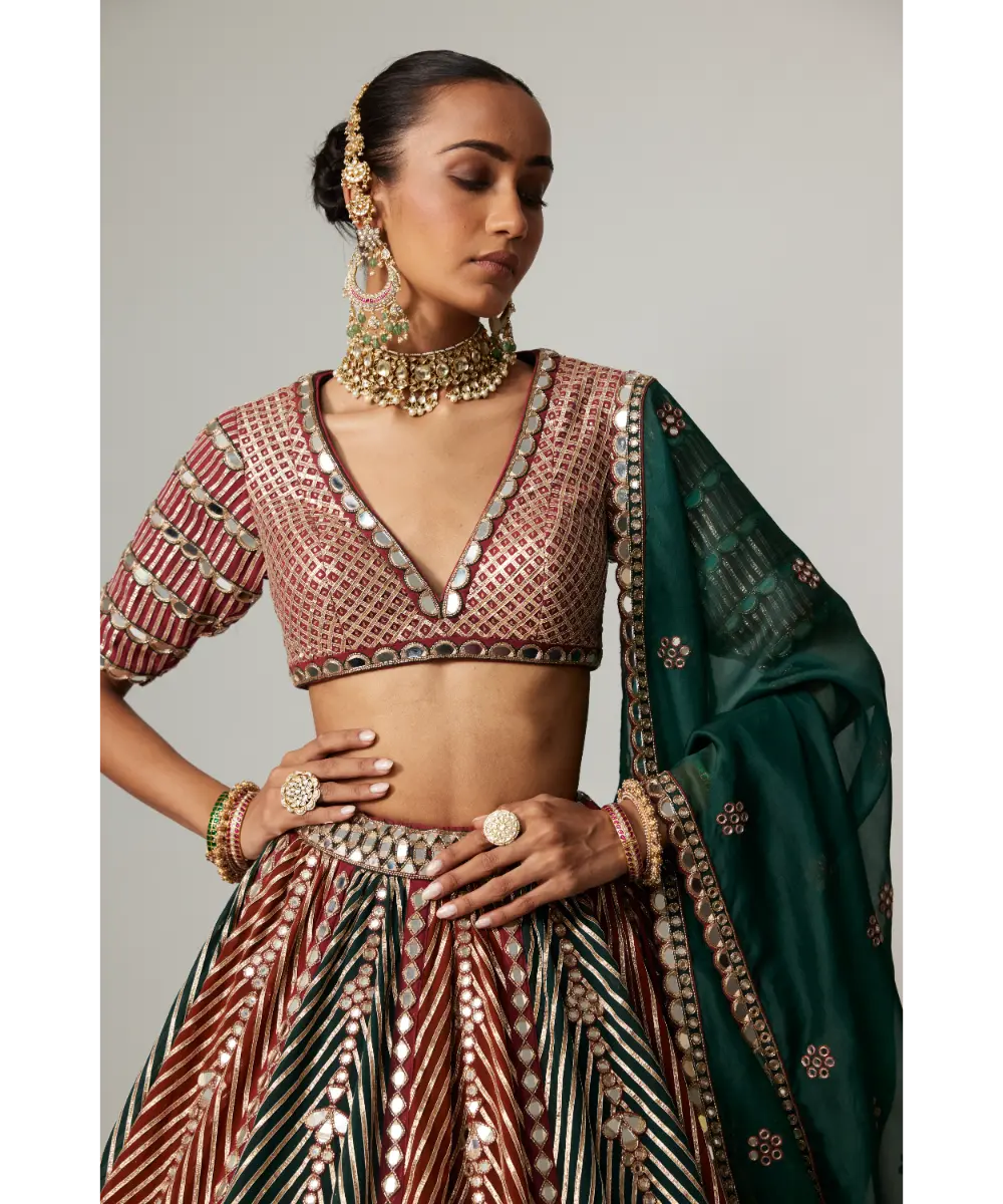 VVANI VATS - Cranberry multicolor Linear Flower Lehenga Set with Jade Green Dupatta